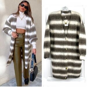 MANGO MNG Long Striped Knit Cardigan NEW Size S Cream Sweater